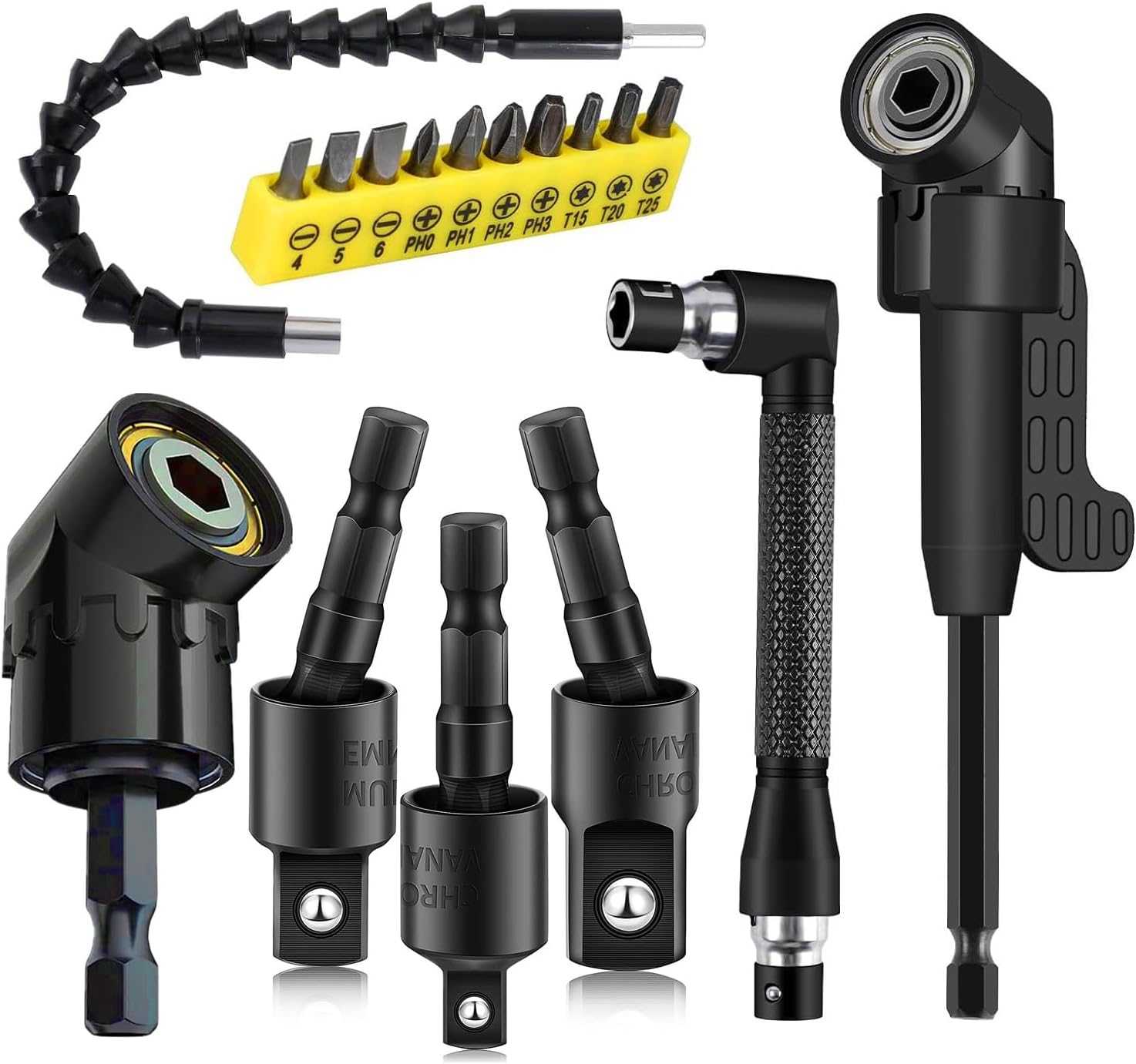 Flexible Drill Bit Extension, Include 3Pcs Rotatable Socket Adapter 2Pcs Hex Shank 105�� Right Angle Drill Attachment 10 Short Screwdriver Bits 90�� Angled Bits and Bendable Extension